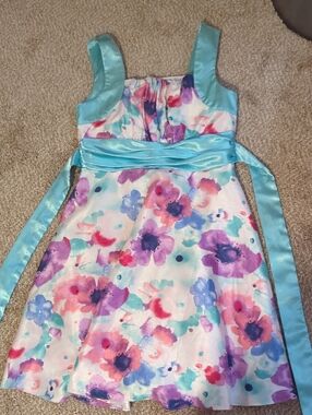 Girls' Floral Aqua Sash Party Dress